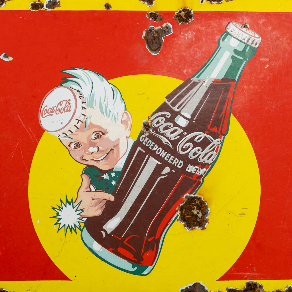 "Drink Coca Cola", a large enamel advertising board, 1957. (W:145 x H:46 cm)