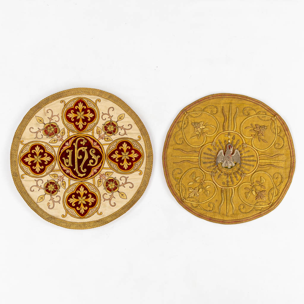 Two round religious embroideries with Thick Gold and Silver Thread. (D:50 cm). Made around 1900.  Church use.