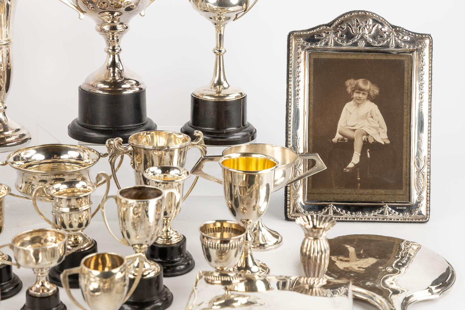 A large collection of silver items, Trophy