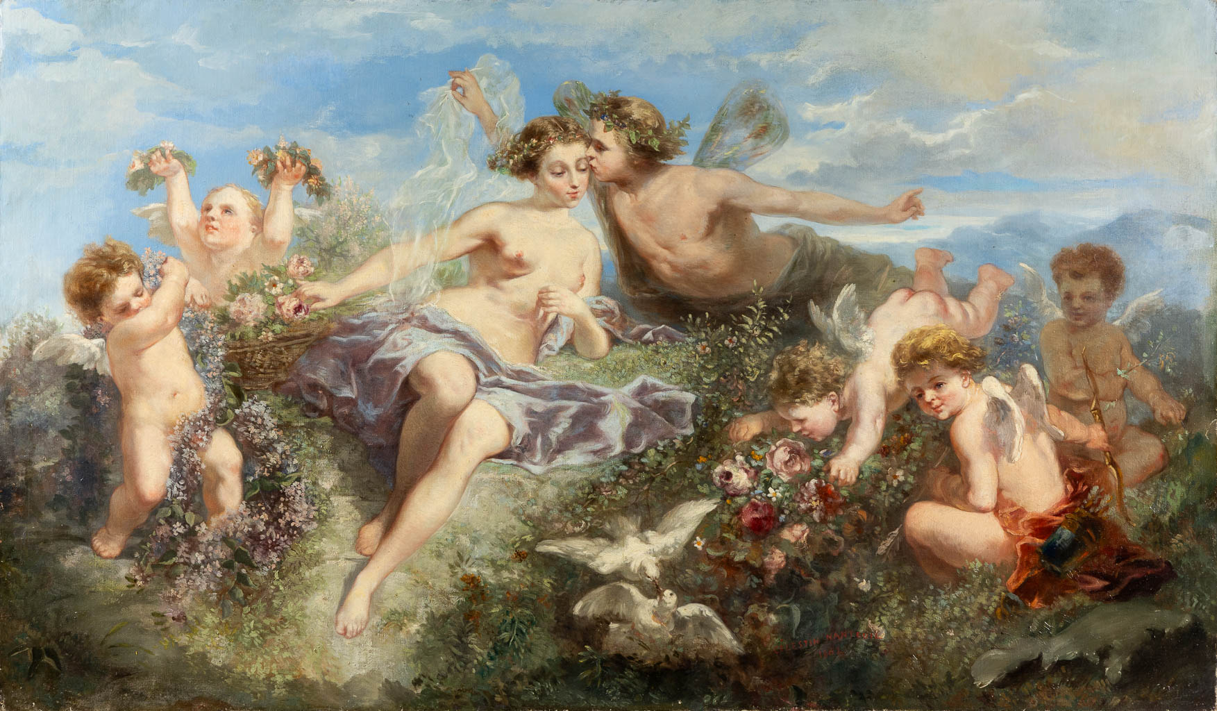 Célestin NANTEUIL (1813-1873) 'Romantic Scène with Putti' 1862. (W:143 x H:83 cm)