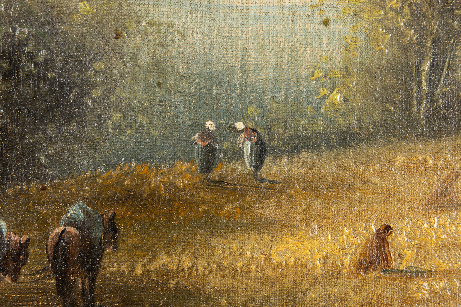 Loading the hay. A painting, oil on canvas. 19th C. (W:52 x H:41 cm)