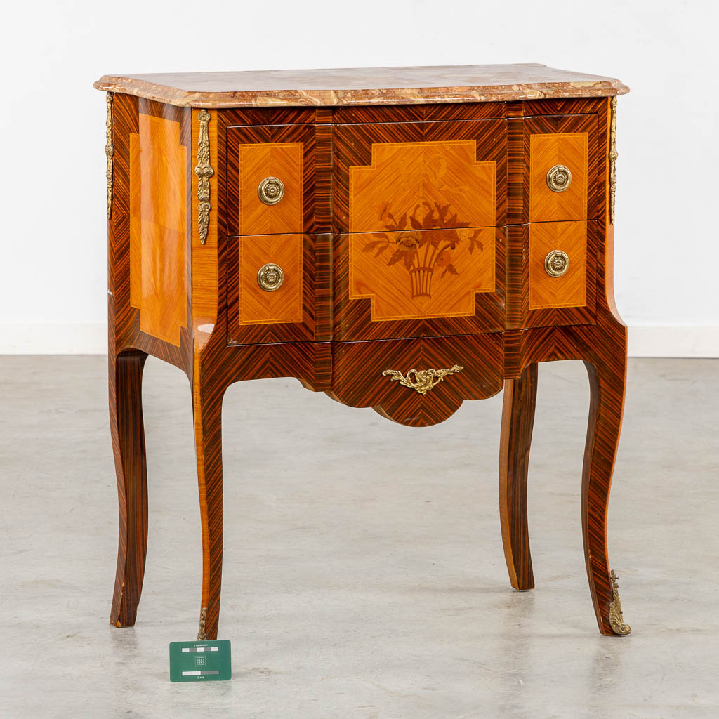 A two drawer side cabinet, marquetry inlay with a marble top. (L:39 x W:72 x H:81 cm)