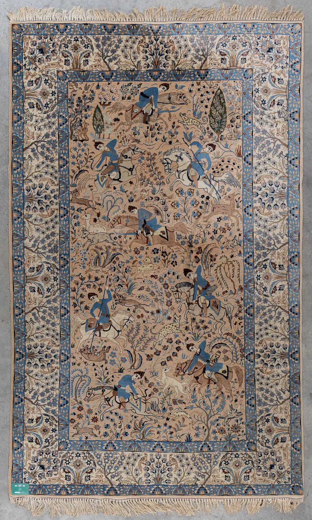 An Oriental hand-made carpet with a figurative decor, Silk, Nahin.  (W:147 x H:240 cm)