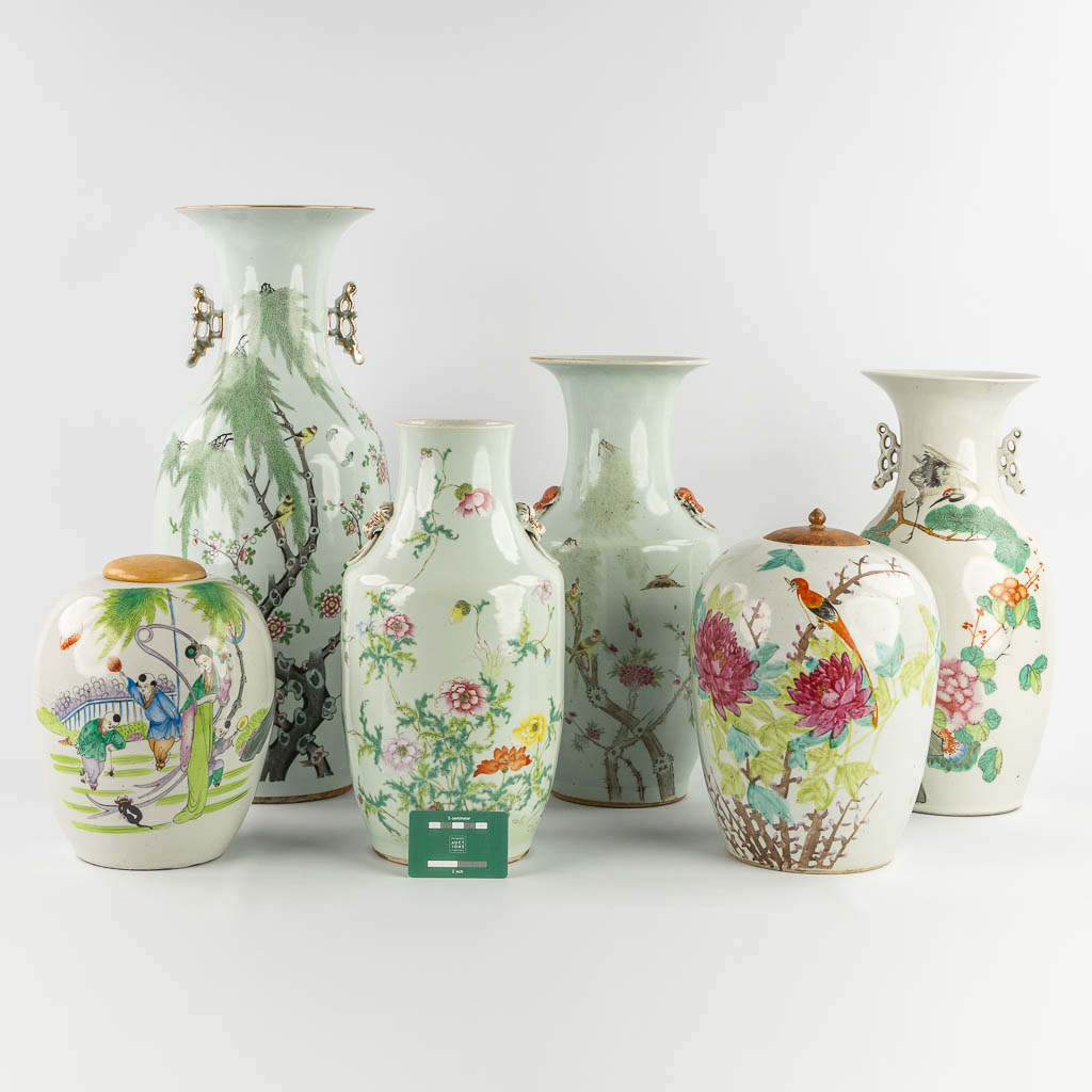 Six Chinese vases, Famille Rose. 