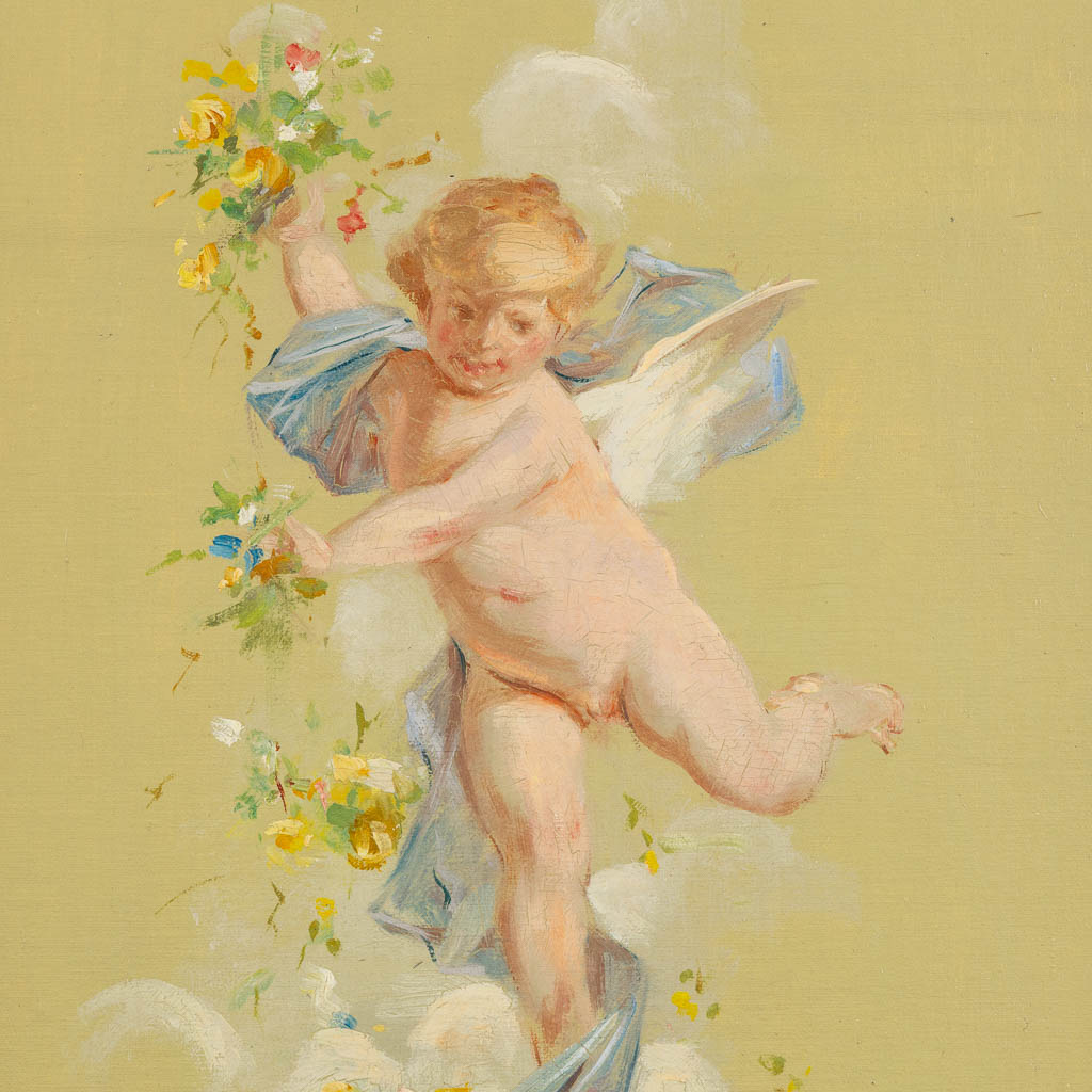 Drie decoratieve schilderijen met putti, olie op doek. 19de eeuw. (W:39 x H:52 cm)