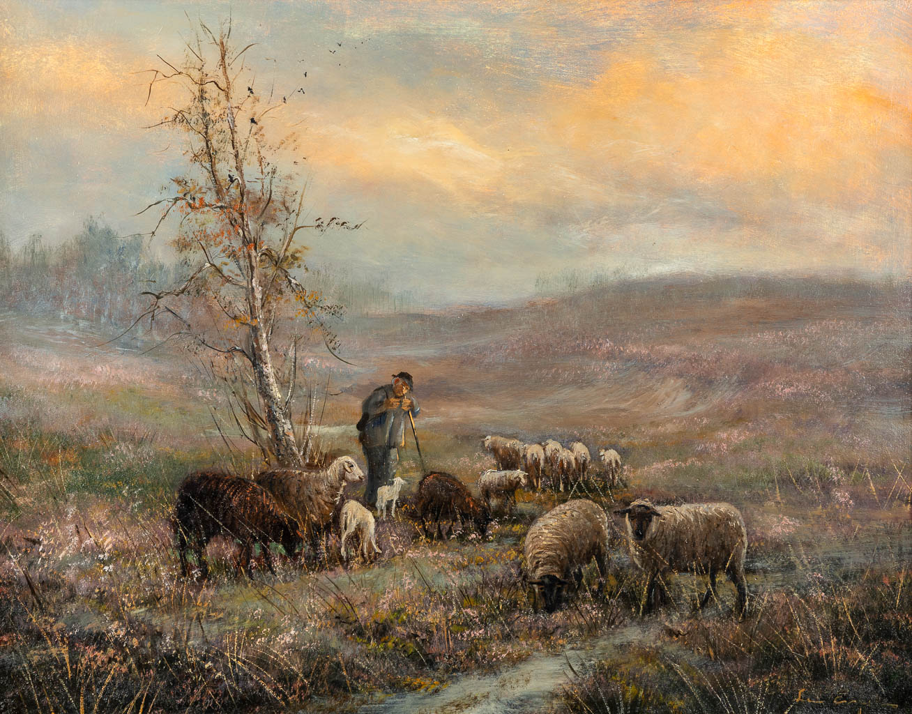 Leon ENGELEN (1943) 'Schapen en een herder'. (W:90 x H:70 cm)