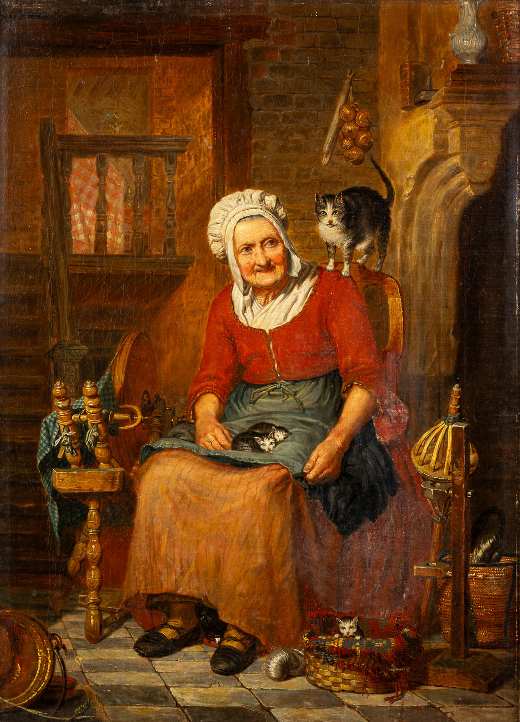 Auguste DE MERSSEMAN (1808-c.1880)(Attr.) 'Oude vrouw met haar katten' 19de eeuw. 