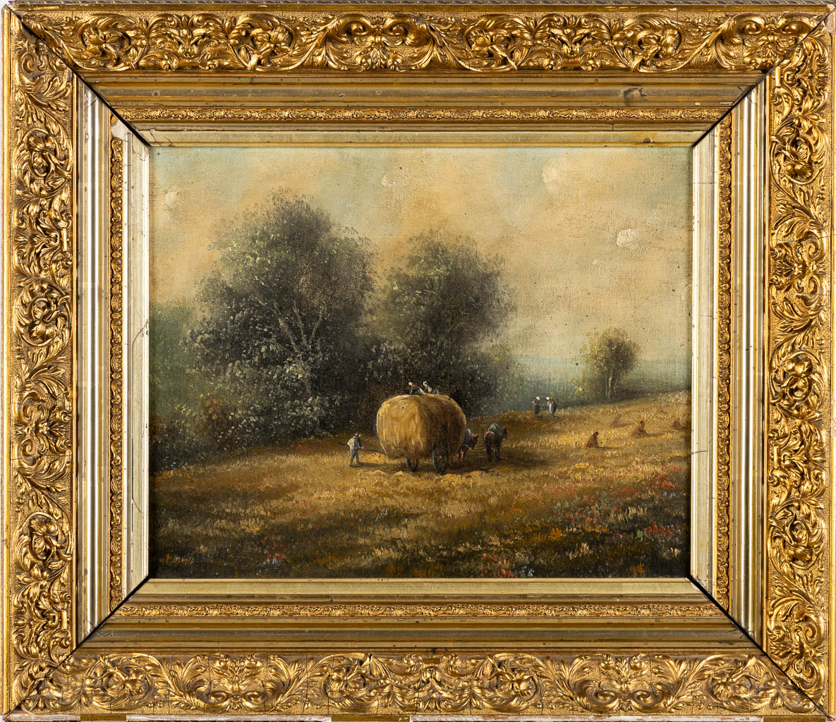 Loading the hay. A painting, oil on canvas. 19th C. (W:52 x H:41 cm)