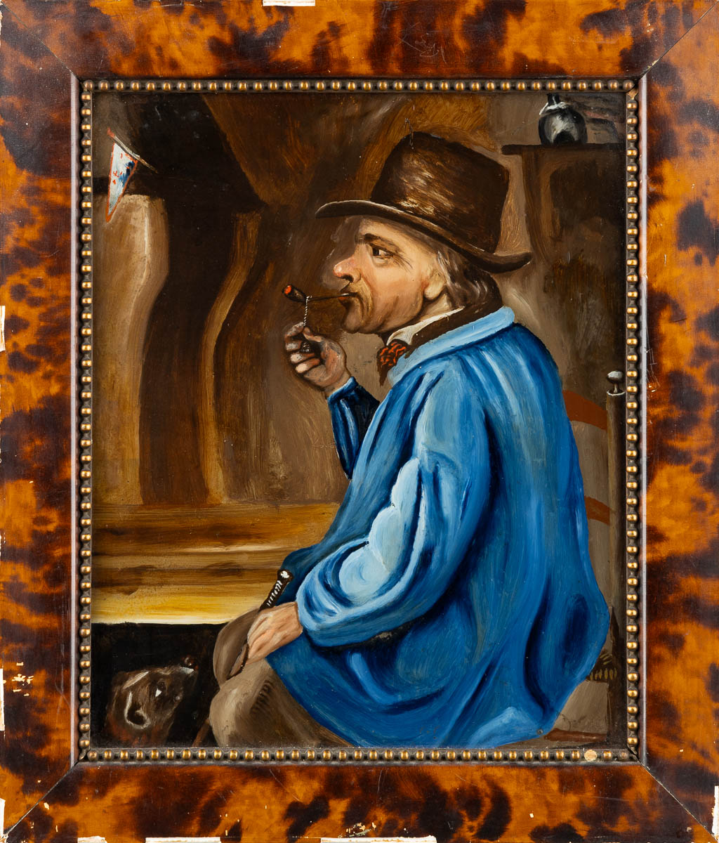 A reverse glass painting of a smoker and a ferret, Eglomisé. 19th C. (W:35 x H:41 cm)