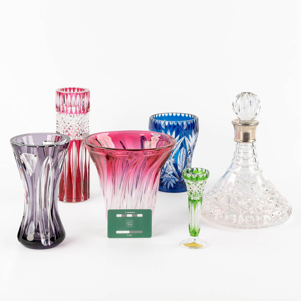 Val Saint Lambert and others, a carafe and five vases. Cut and coloured crystal. 