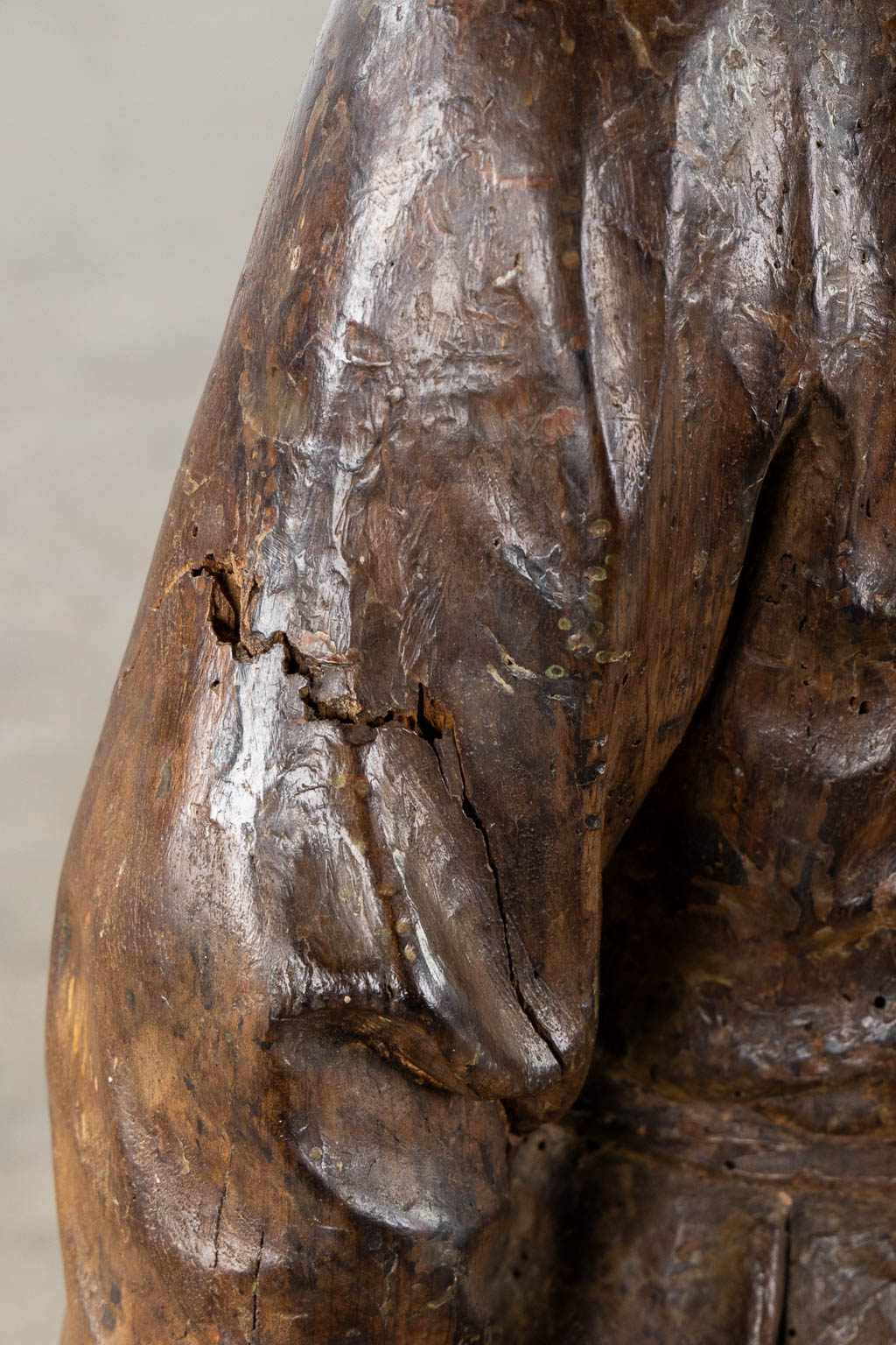 Flemish school, a wood-sculptured figurine of Saint John. 15th C. (L:26 x W:37 x H:105 cm)