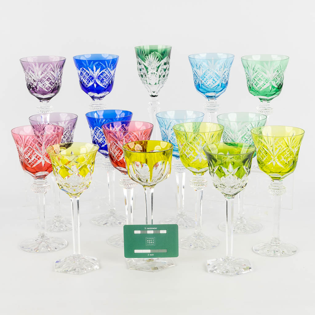 Cristallerie De Lorraine, 12 coloured goblets, added are 4 Val Saint Lambert goblets. (H:20 cm)