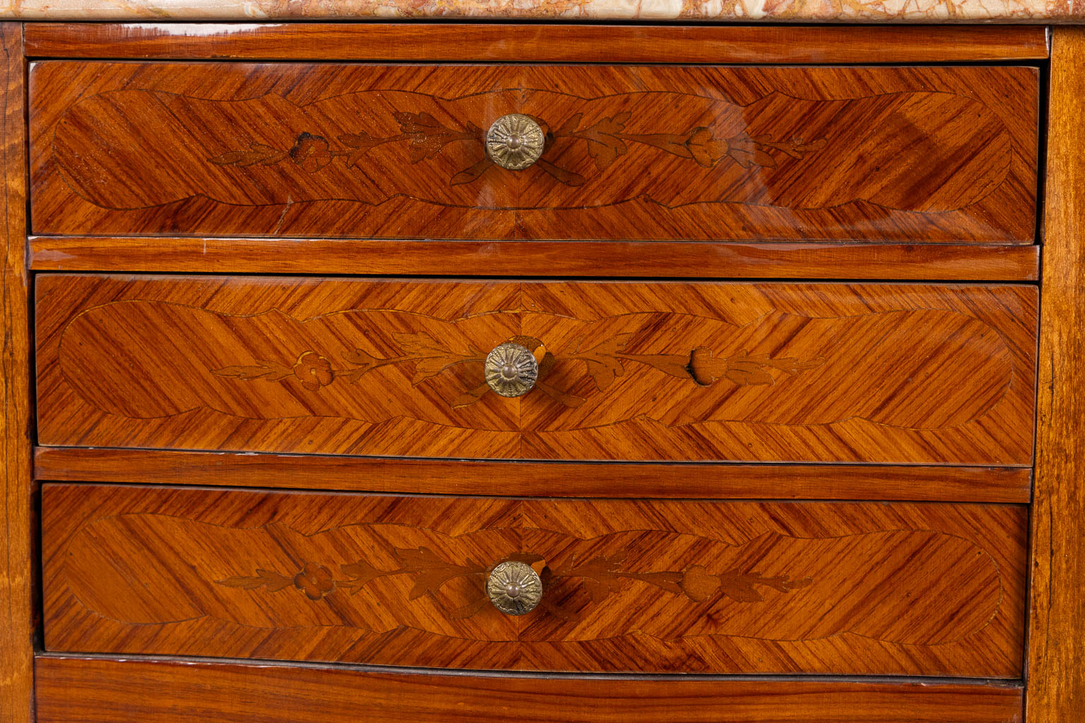 Three side tables, marquetry inlay. Two with a marble top. Circa 1980. (L:33 x W:42 x H:70 cm)