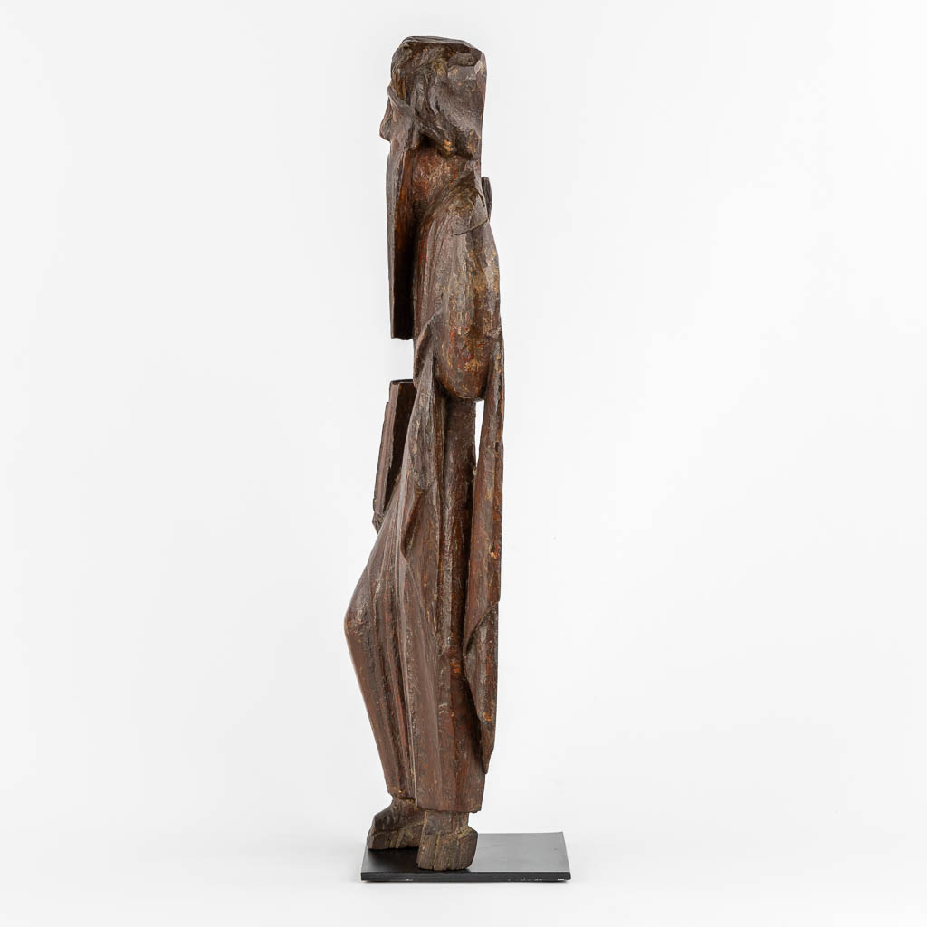 An antique wood sculpture of a Prophet, Sculpture du val de boi, Catalonia. 12th C. (L:9 x W:20 x H:57 cm)