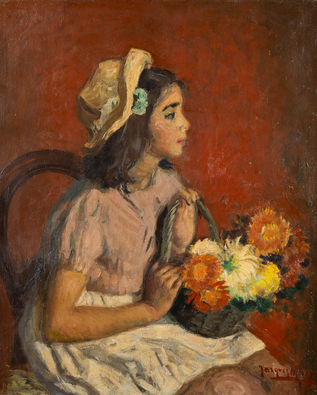 Jacques MAES (1905-1968) 'Ginette a la Cornette de Fleurs'. (W:65 x H:80 cm)