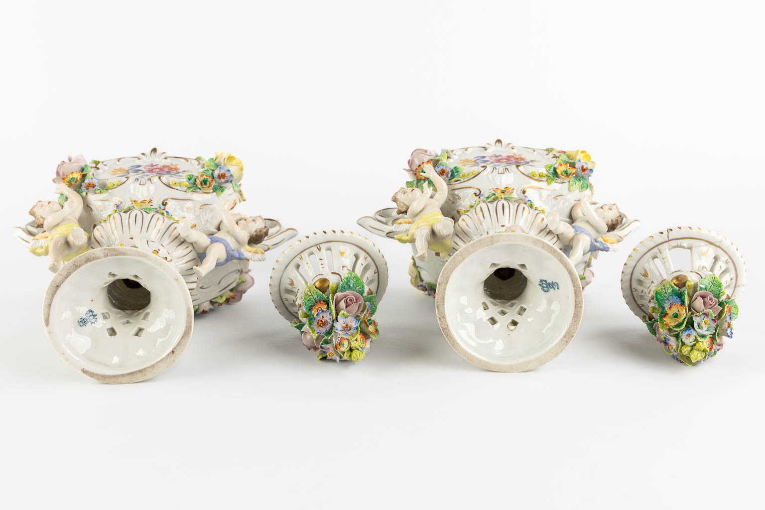 Dresden and Sitzendorf, three pieces of polychrome porcelain. Saxony, Germany. (L:11 x W:20 x H:29 cm)