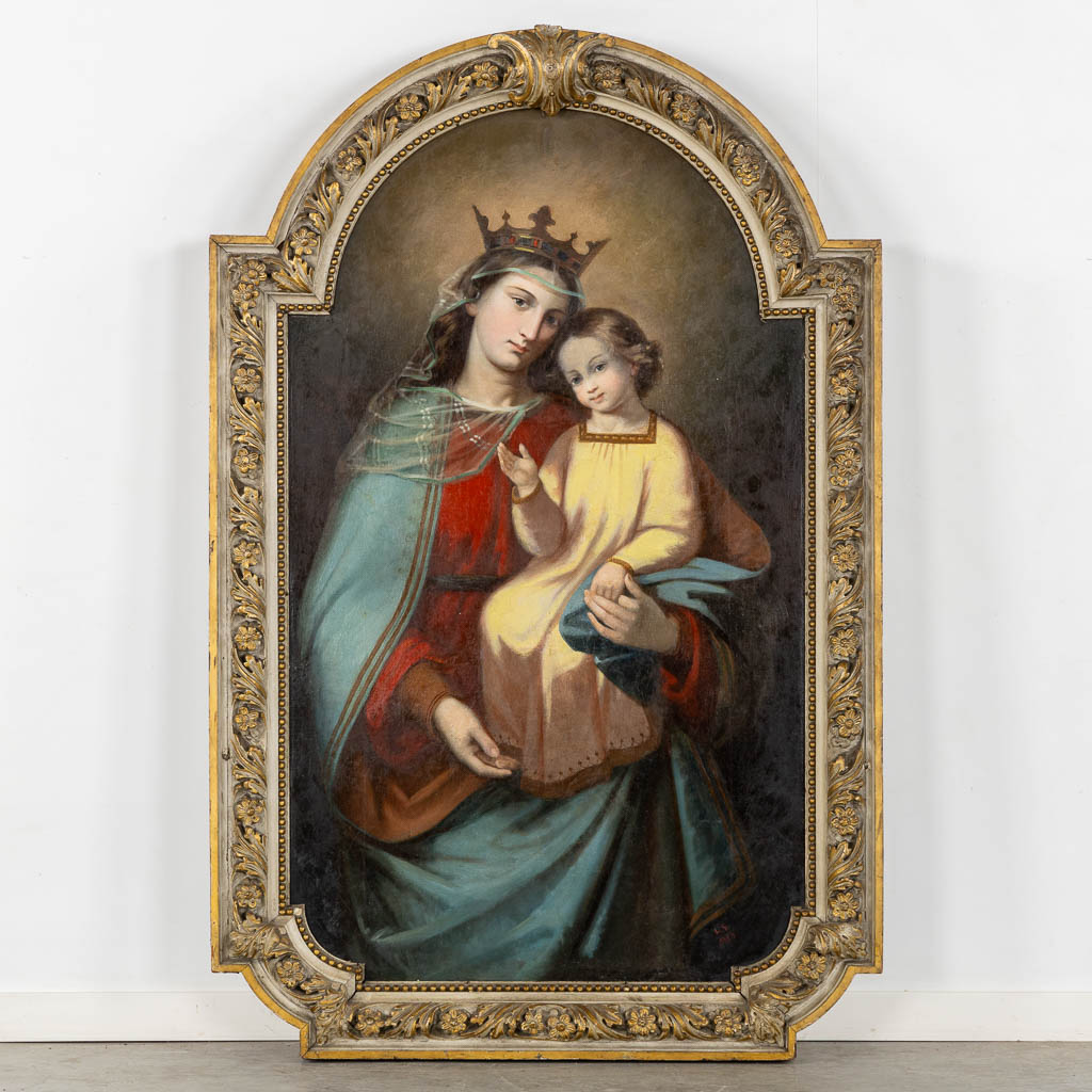 Monogram L.G. Gekroonde Madonna met Kind, olie op doek. 1889. (W:72 x H:122 cm)