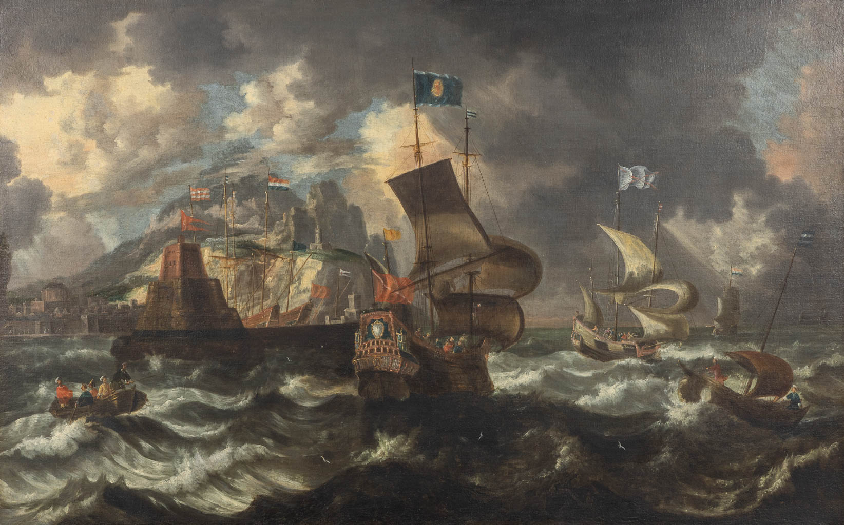 Nederlandse School, 'Storm Buiten De Haven', antiek schilderij, olie op doek. 18de eeuw. (W:165 x H:105 cm)