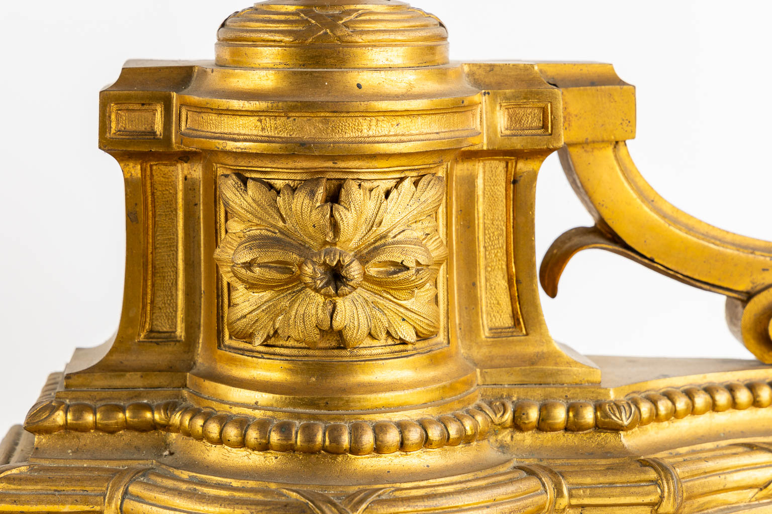 A fine pair of gilt bronze fireplace bucks, Louis XVI style. 19th C.