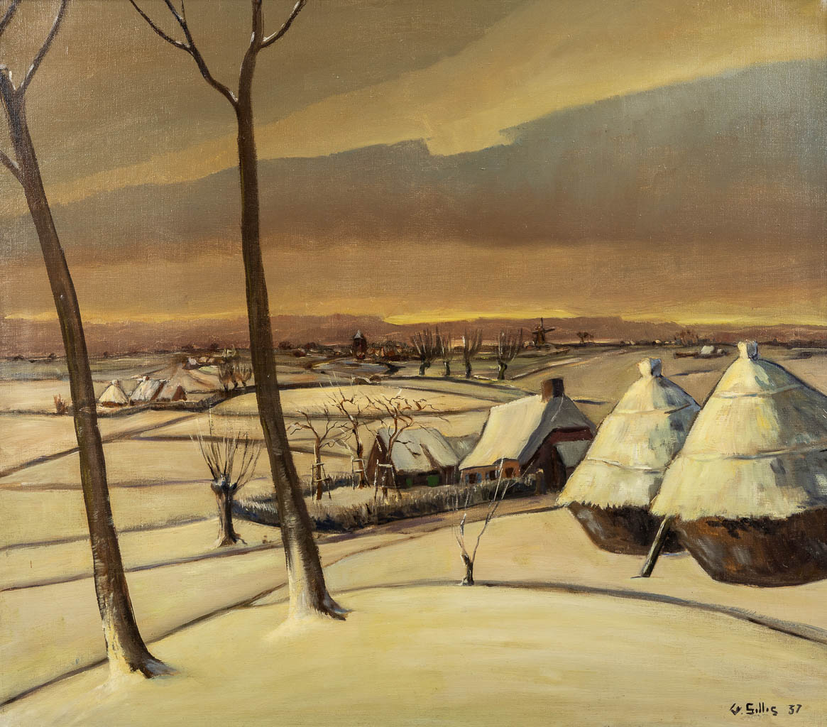 Winterlandschap, een schilderij, getekend G. Gillis, 1937. (W:80 x H:70 cm)