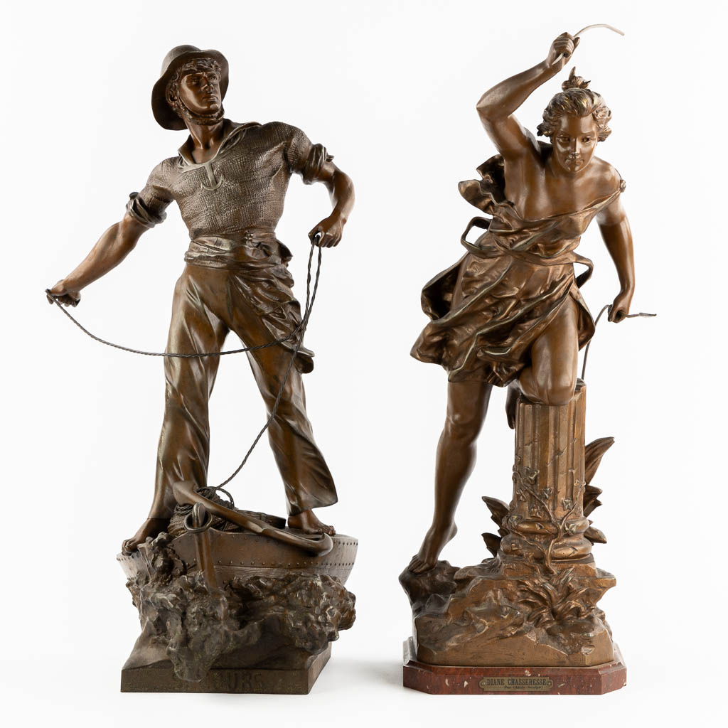 Waagen and Obiols, two spelter figurines. Circa 1900. (H:71 cm)