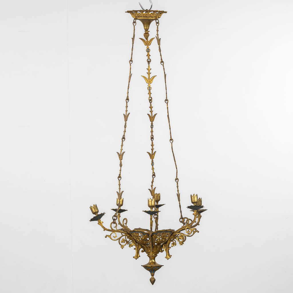 A pair of candle chandeliers, brass with enamel, Gothic Revival. (H:103 x D:42 cm)