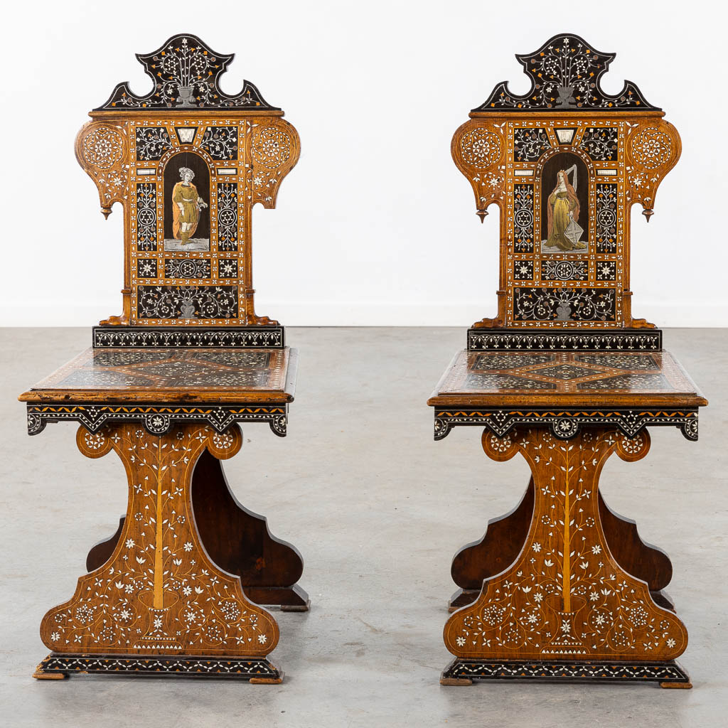 A Syrian table with two matching chairs, Marquetry and copper inlay, 19th C. (L:87 x W:121 x H:80 cm)