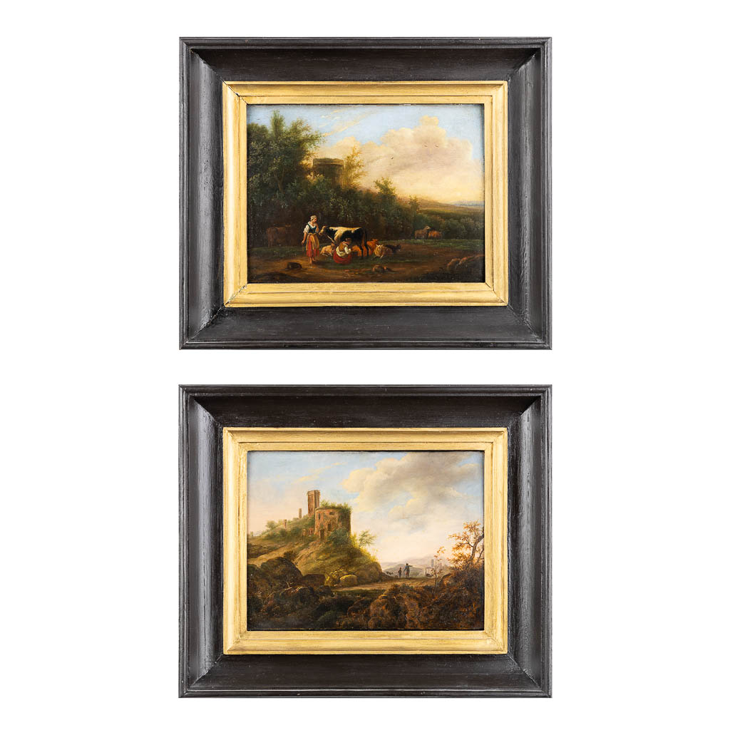 A pair of antique 'Pendant paintings', Landscapes with figurines, 18th C. (W:36 x H:27 cm)