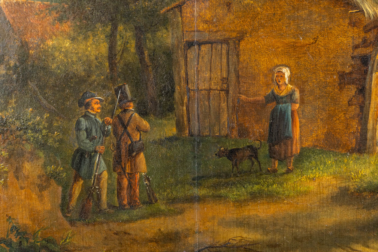 Pierre Gustave DE WALSCHE (XIX) 'Figuren nabij een boerderij' 1831. (W:51 x H:46,5 cm)