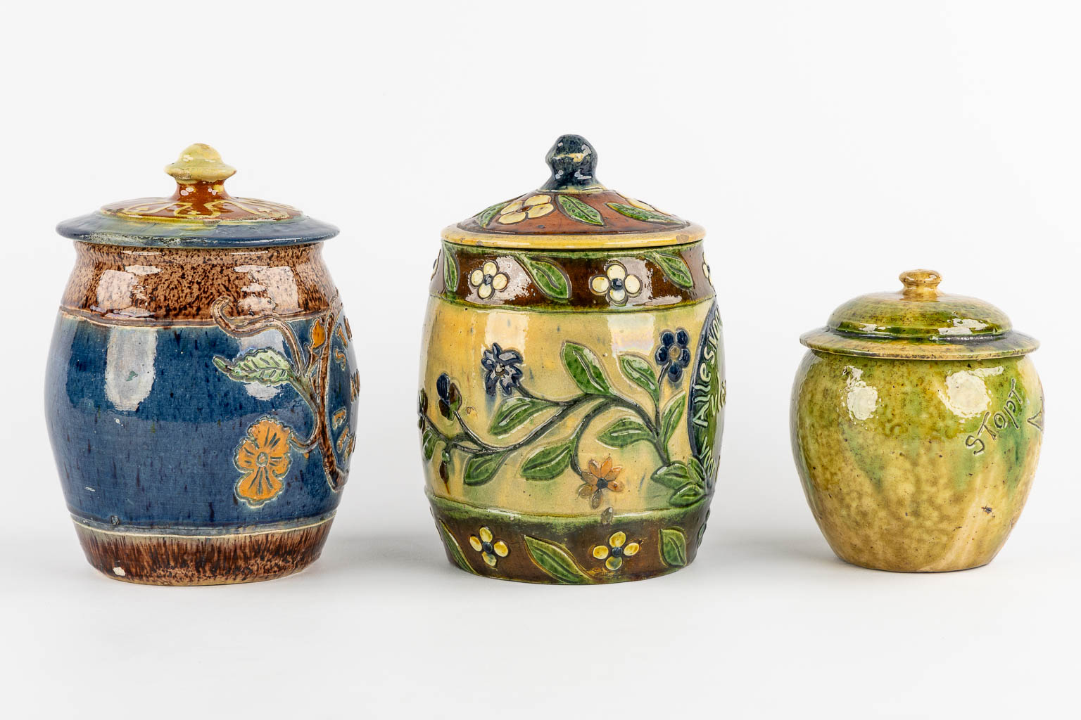 Three Flemish Earthenware Tobacco Jars. (H:20 x D:15 cm)