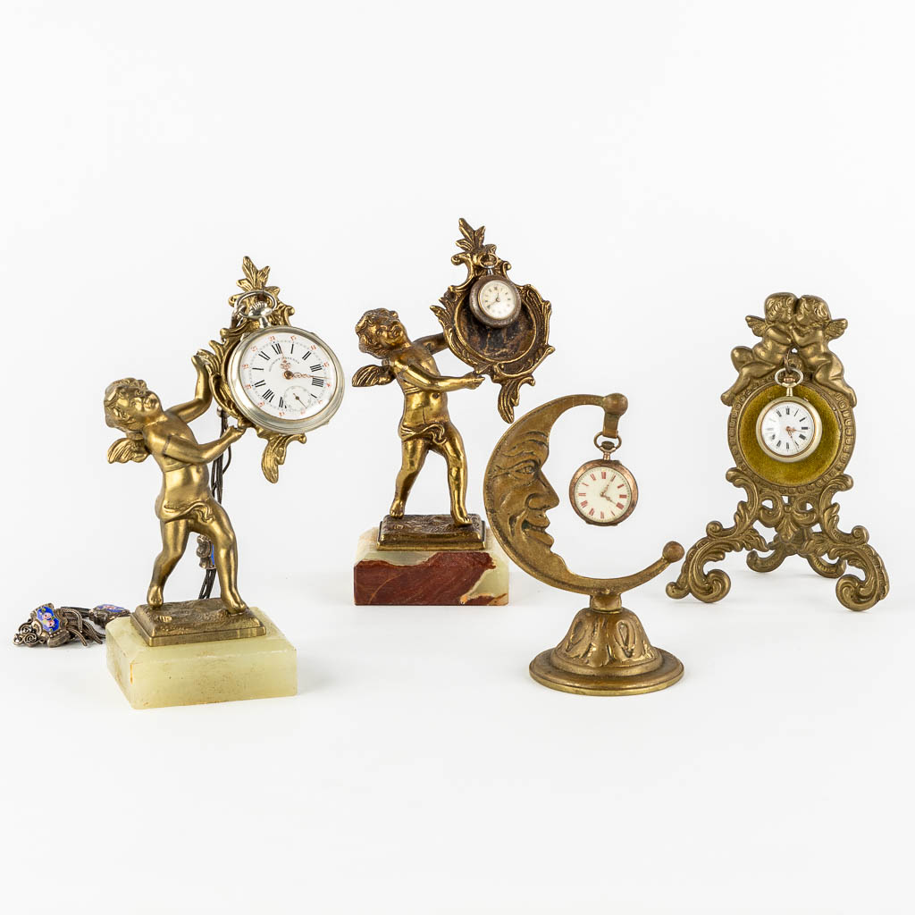 Four decorative pocket watch holders, with 4 pocket watches. Roskopf and others.