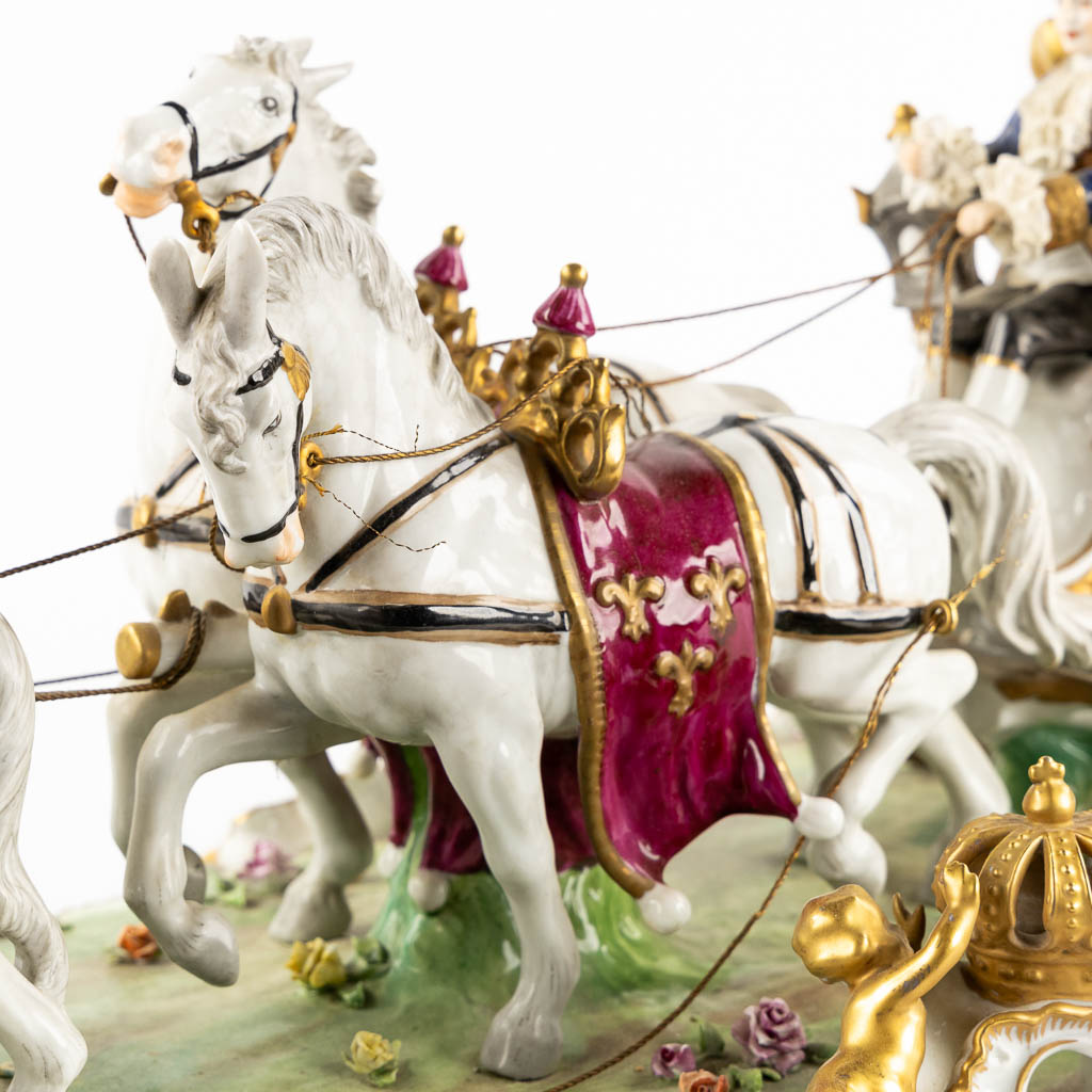 Unterweissbach, a large horse drawn carriage, polychrome porcelain. (L:31 x W:78 x H:32 cm)