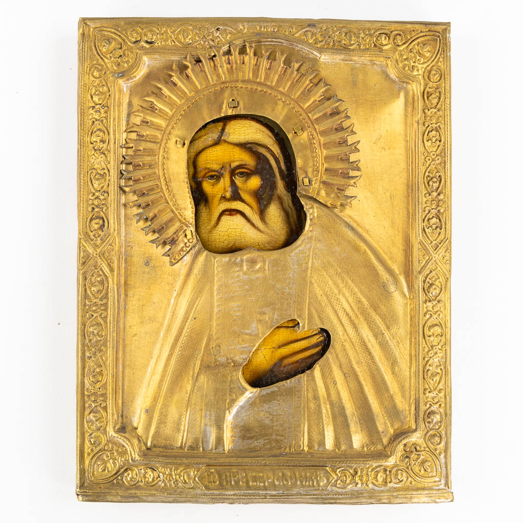 Een collectie van 5 Russische iconen, Moeder Gods Ovsepetaya, Nicholas. 19de eeuw. (W:24 x H:30 cm)