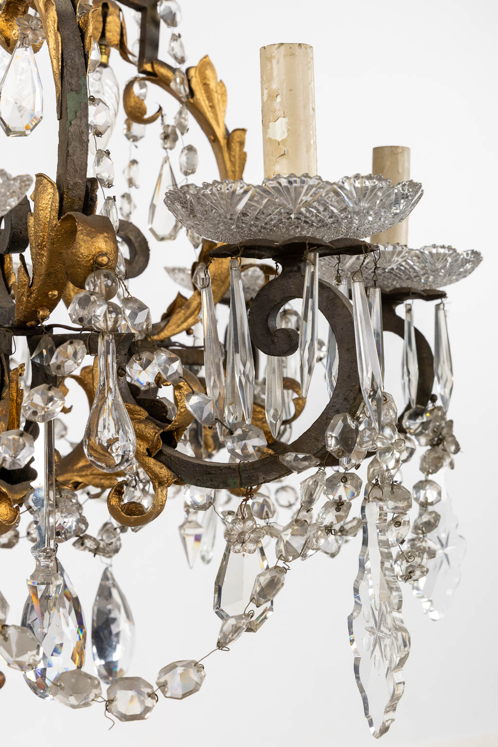 An antique chandelier, metal and cut crystal, Val Saint Lambert. Early 20th C. (H:100 x D:74 cm)