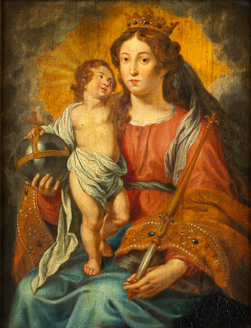  Flemish School, "Crowned Madonna with child, Scepter and Globus Cruciger", oil on panel, 17th C.