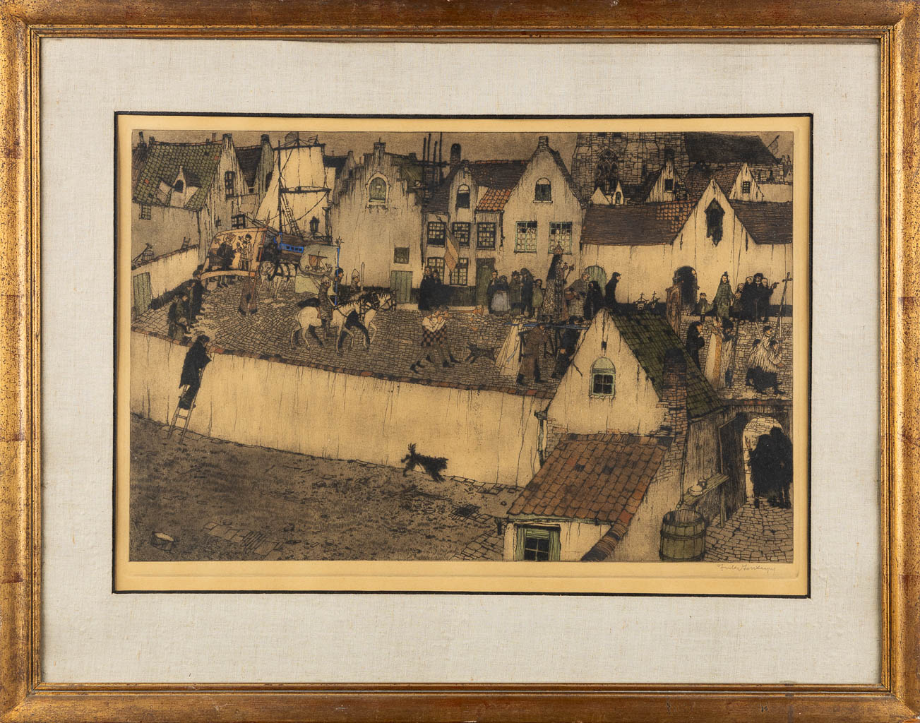 Jules FONTEYNE (1878-1964) 'Procession' a coloured engraving. 