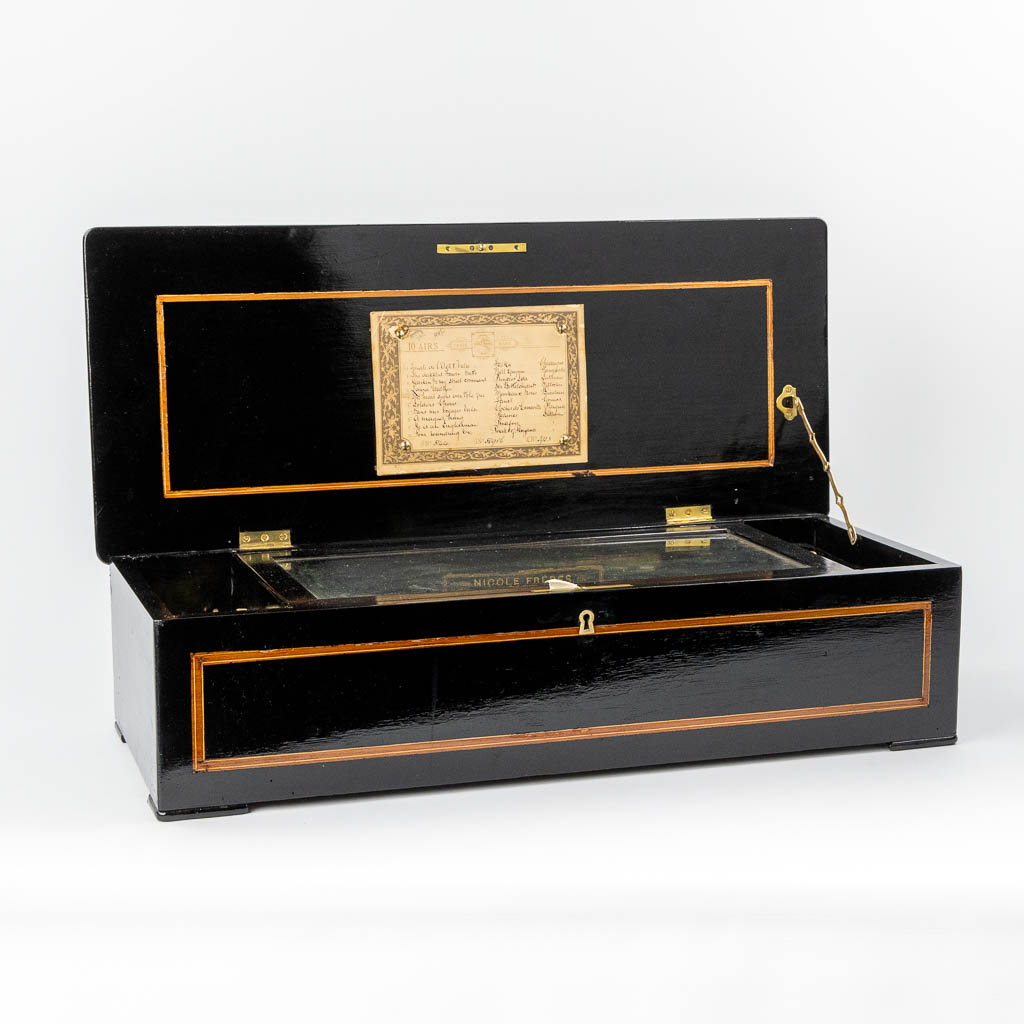 Nicole Frères, Genève and London, an antique music box in a marquetry inlay wood case. (L:30 x W:70 x H:18 cm)