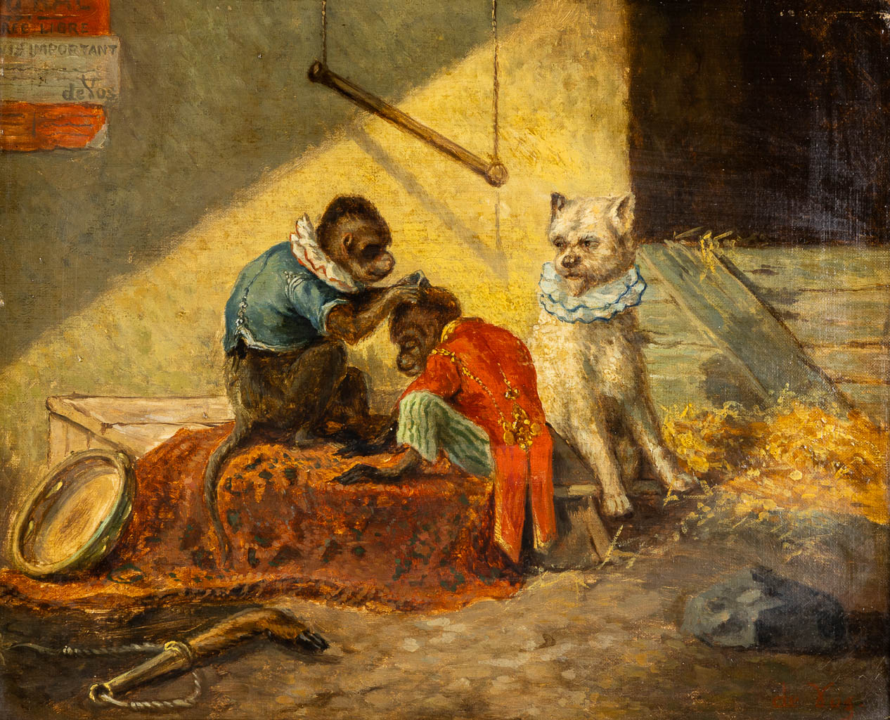 Vincent DE VOS (1829-1875) 'Apen en een hond'. (W:40 x H:32 cm)