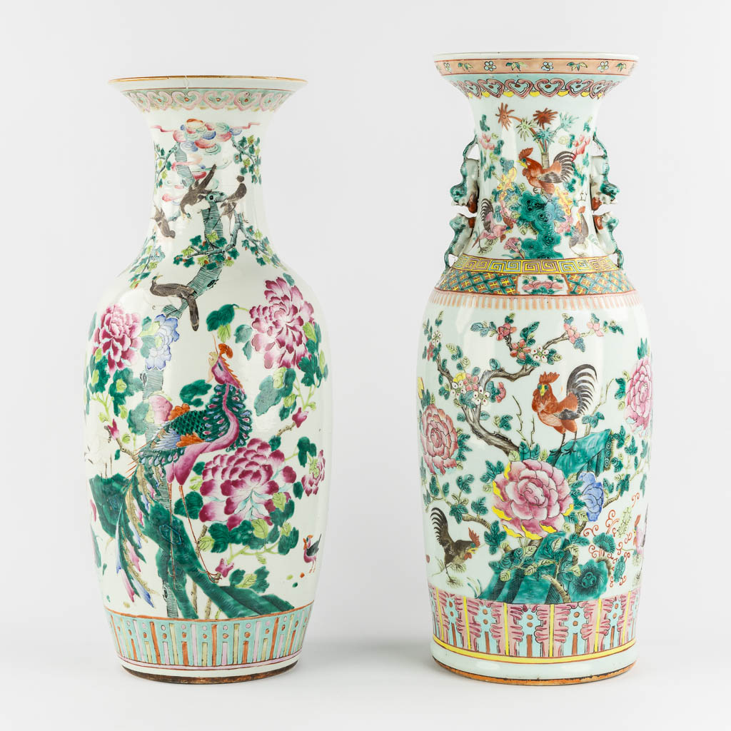 Two Chinese Famille Rose vases with double decors:  Chicken decor, and Phoenixes/Fauna & Flora.. 