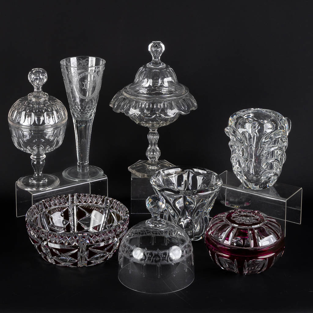 Val Saint Lambert and others, Eight pieces of cut and etched crystal.