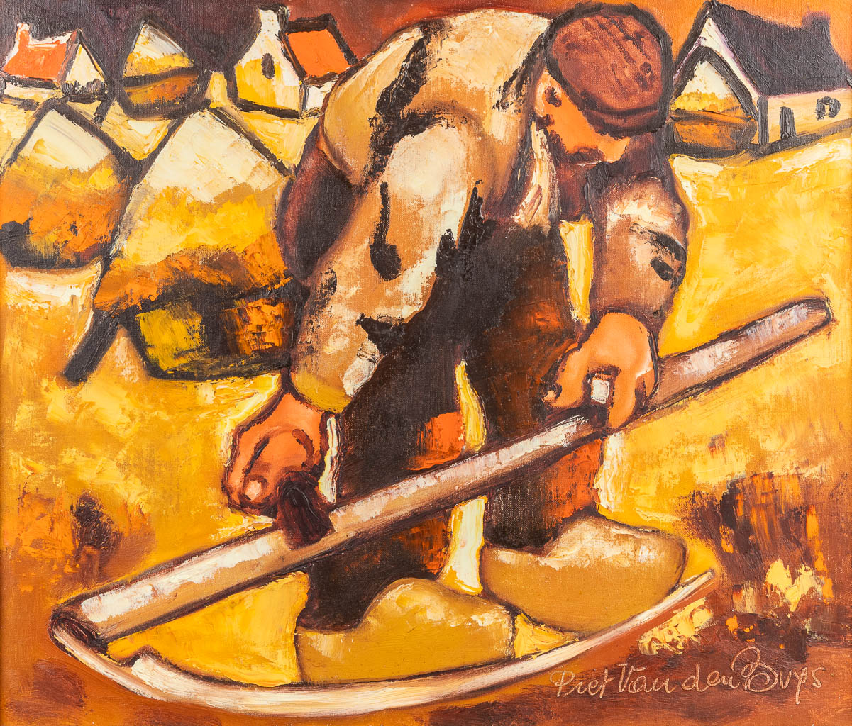 Piet VAN DEN BUYS (1935) 'Farmer with scythe', oil on canvas.  (W:68 x H:58 cm)