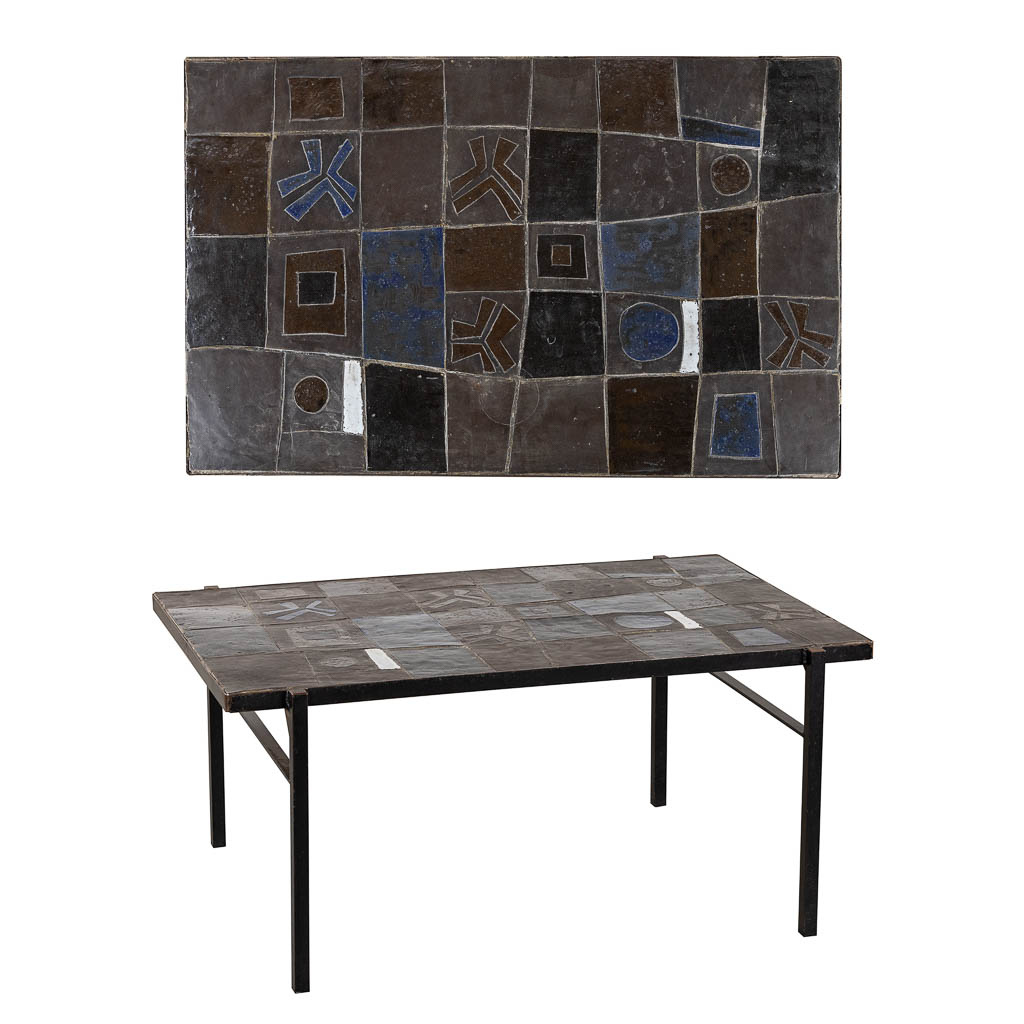 A mid-century coffee table, ceramic tiles on a metal base, circa 1970. (L:75 x W:110 x H:50 cm)