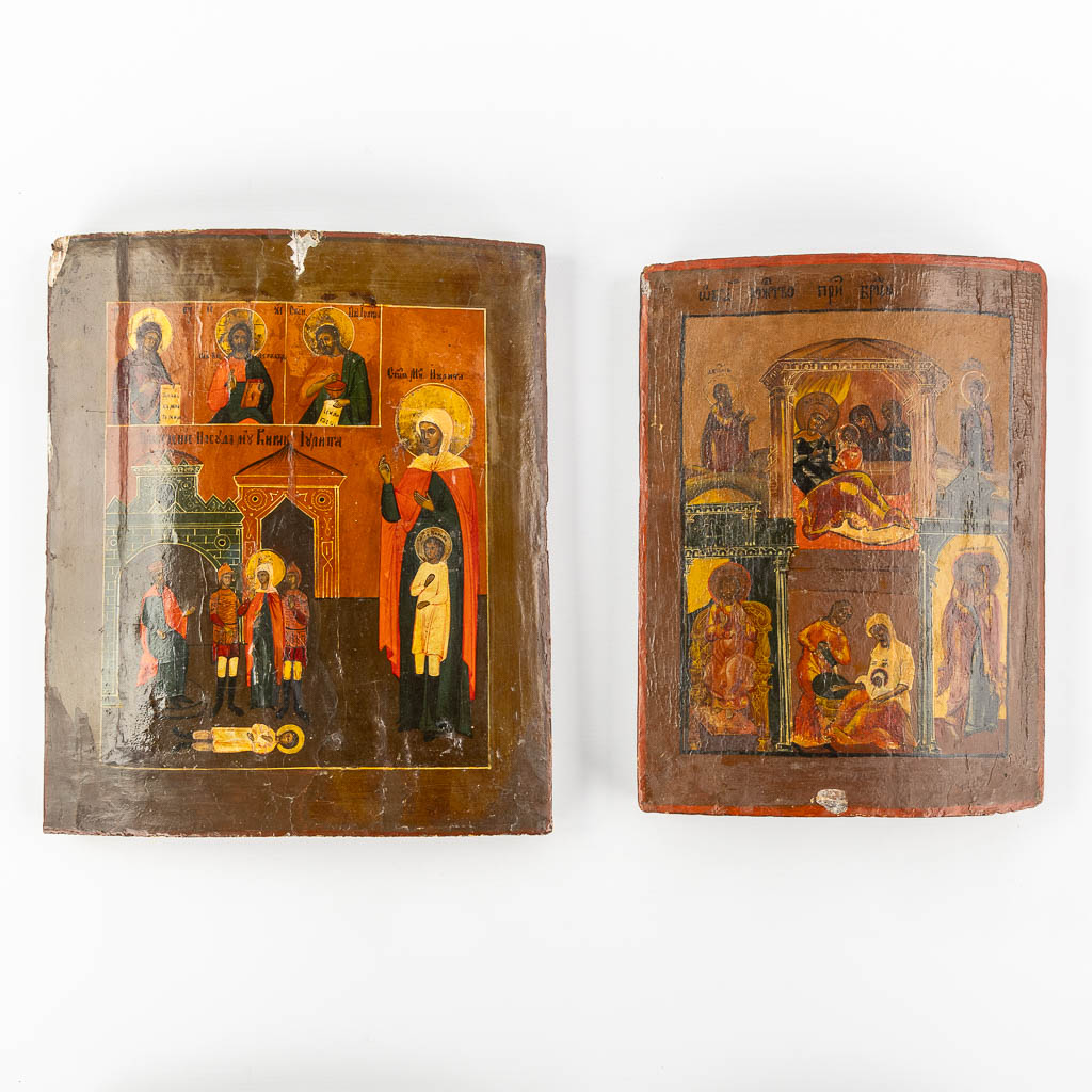 Two antique Russian icons, 'The Nativity of the Virgin', 'Cyricus and Julitta' 19th C. (W:30,5 x H:35 cm)