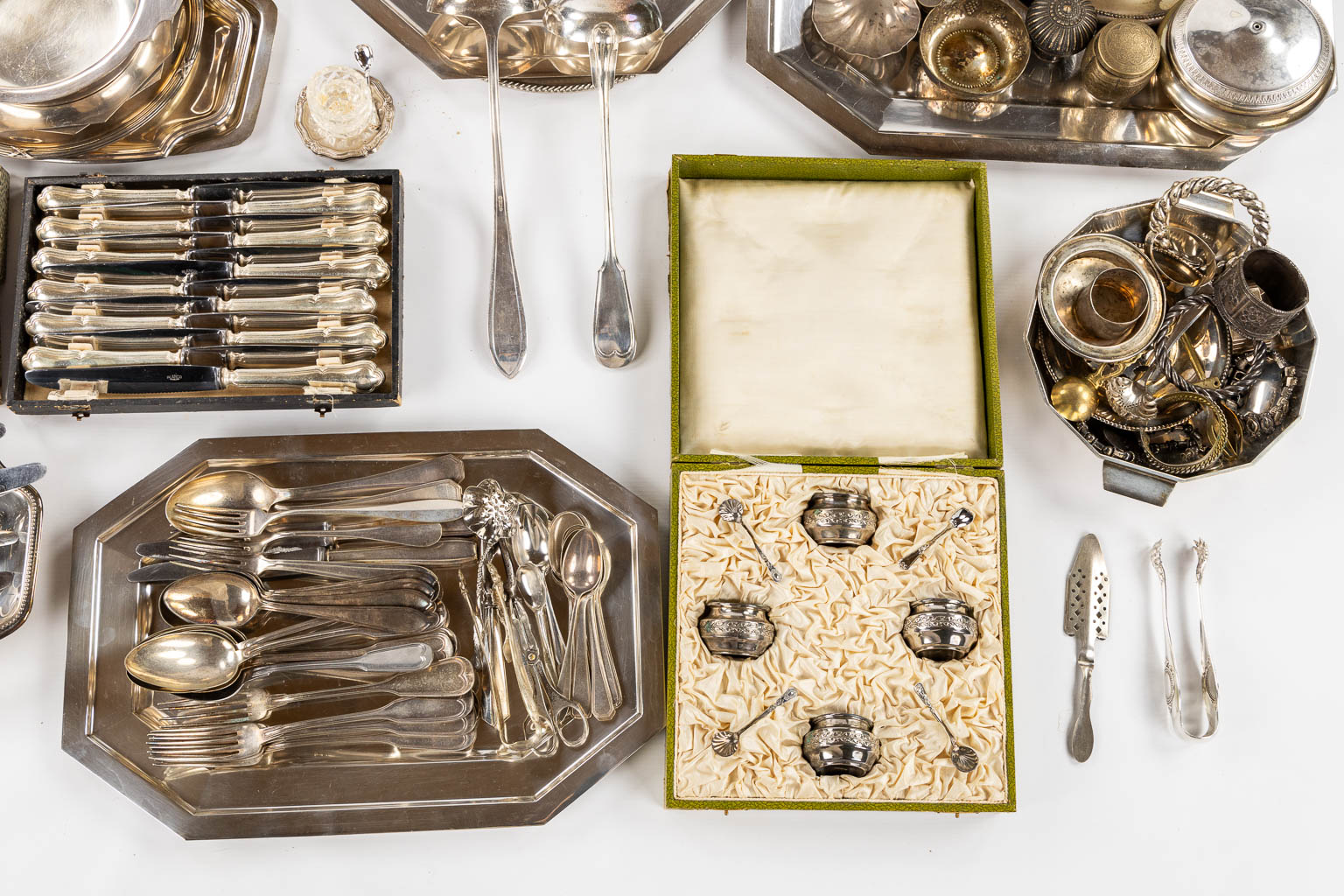 A large collection of table accessories and serving ware, silver plated metal. 