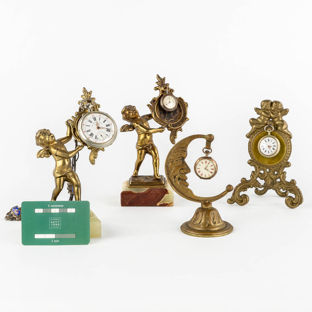 Four decorative pocket watch holders, with 4 pocket watches. Roskopf and others.