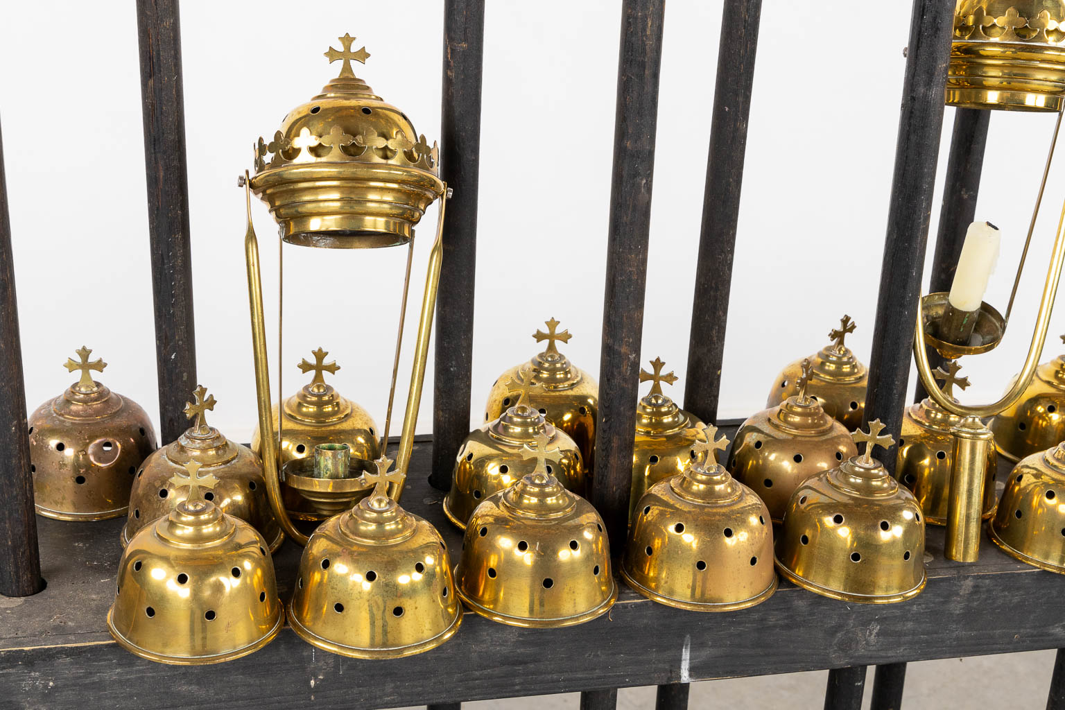 Twelve processional lanterns, brass and glass. Gothic Reivial. (H:137 cm)