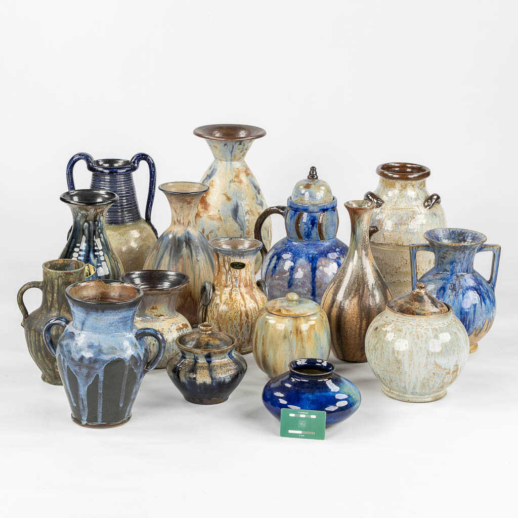 Sixteen vases and jugs, Roger Guérin, Grégoire, Biron. (H:39 cm)