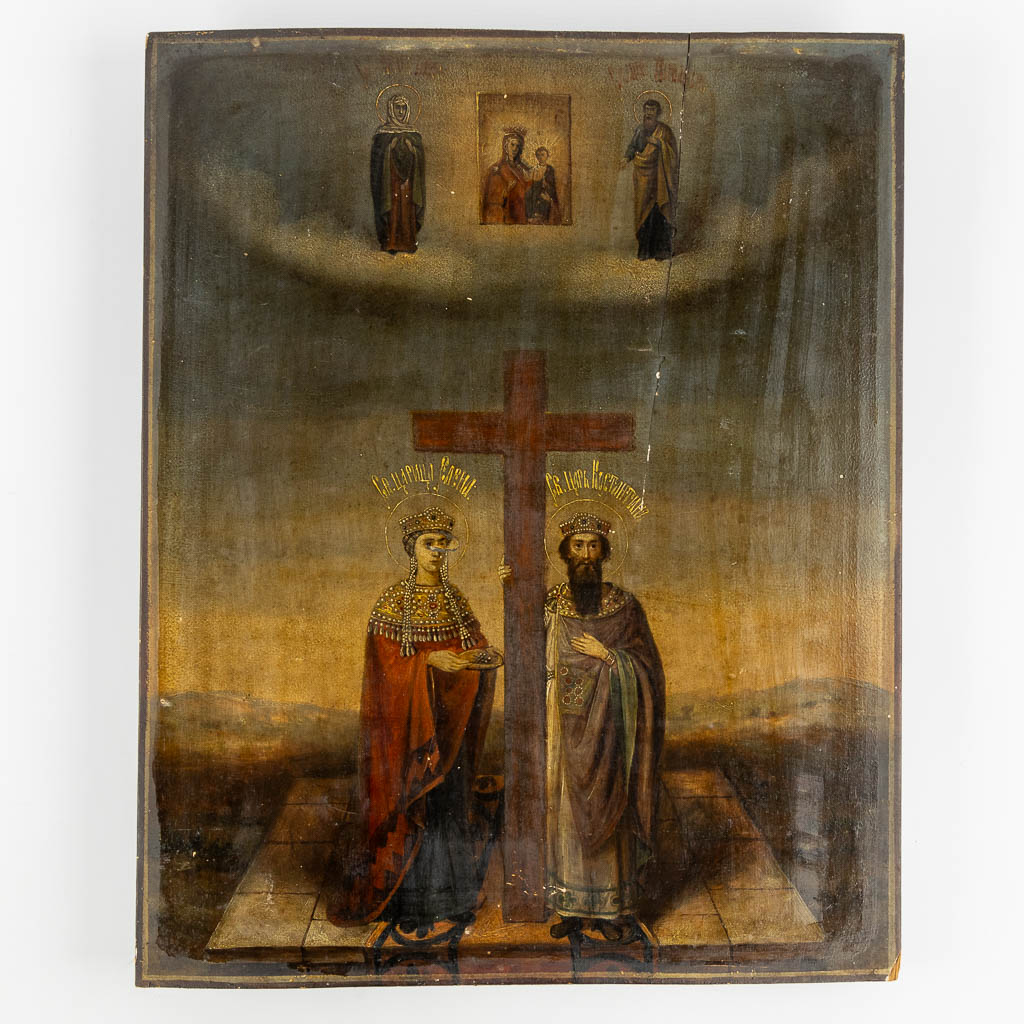 An antique Russian icon, Saints Constantine and Helena near the crucifix' 18th/19th C. (W:43,5 x H:54 cm)