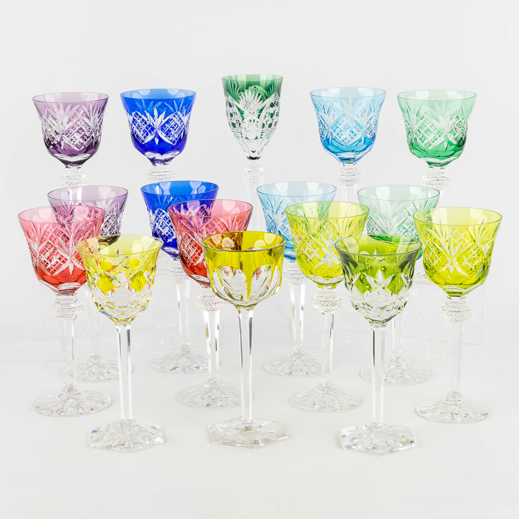 Cristallerie De Lorraine, 12 coloured goblets, added are 4 Val Saint Lambert goblets. (H:20 cm)