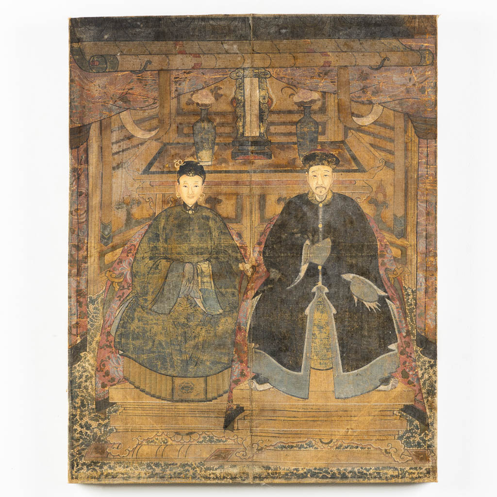 An antique Chinese 'Ancestors' painting on canvas. 19th C. (W:65 x H:82 cm)